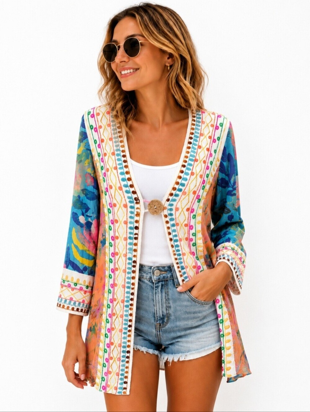 John Mark Boho Patchwork Open Front Kimono Tunic Top Small Colorful Cover-up